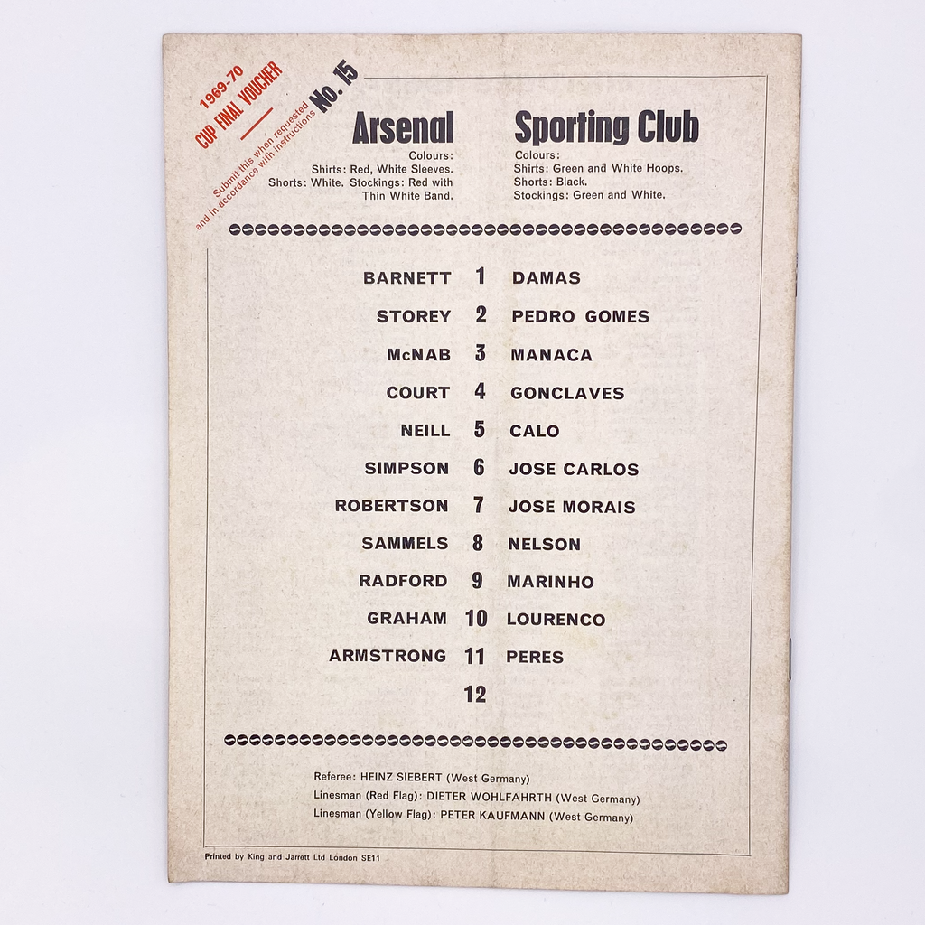 Arsenal vs Sporting CP Programme (26 November 1969)