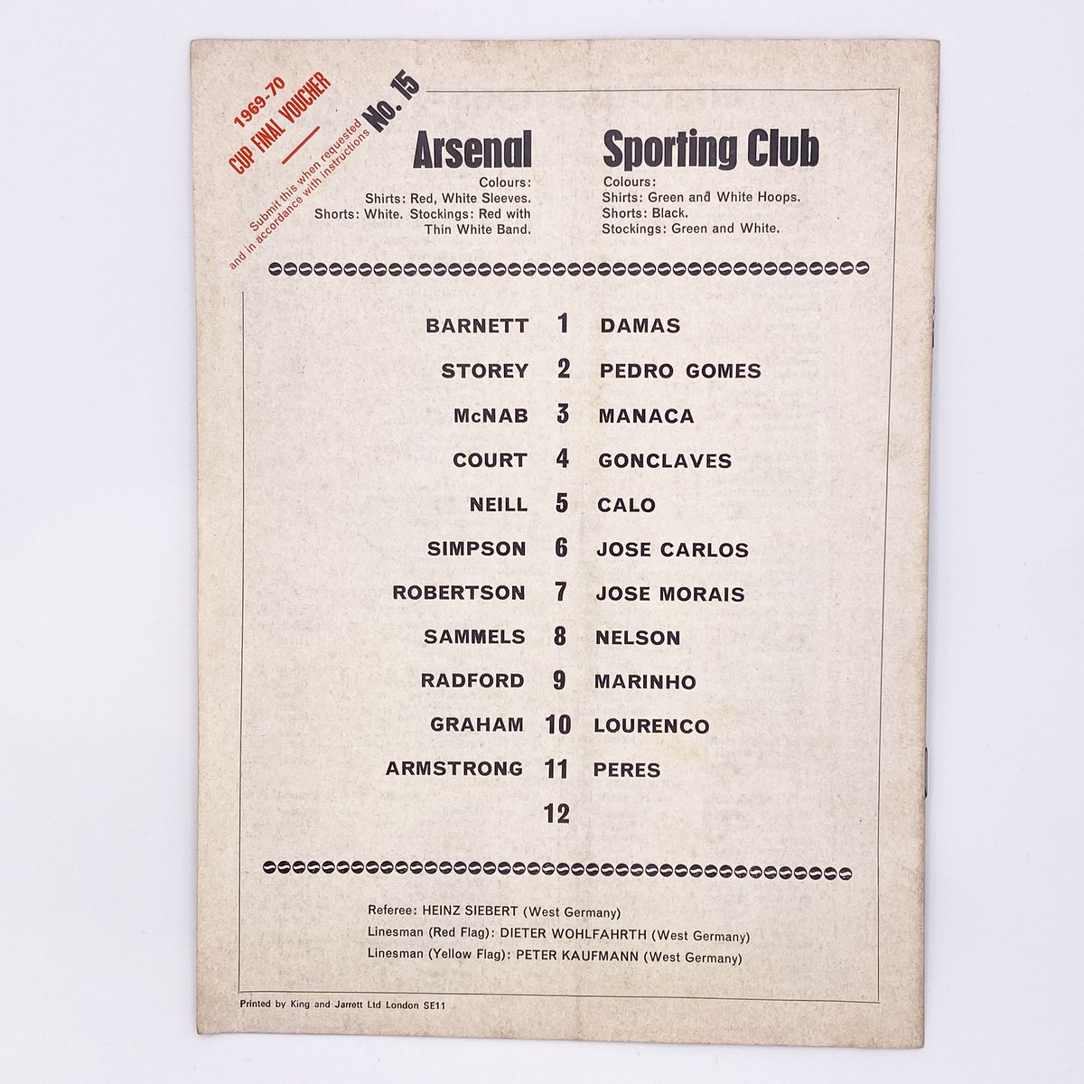 Arsenal vs Sporting CP Programme (26 November 1969)