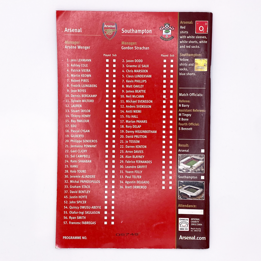 Arsenal vs Southampton Programme (10 February 2004)