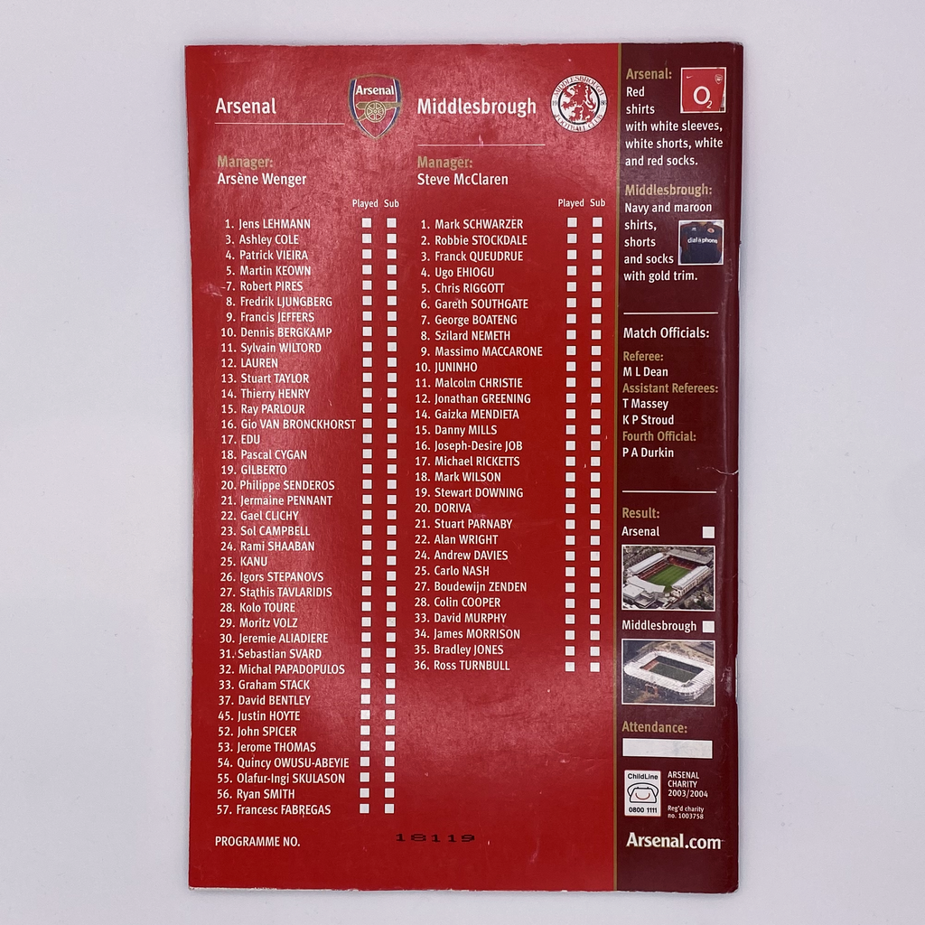 Arsenal vs Middlesbrough Programme (24 January 2004)
