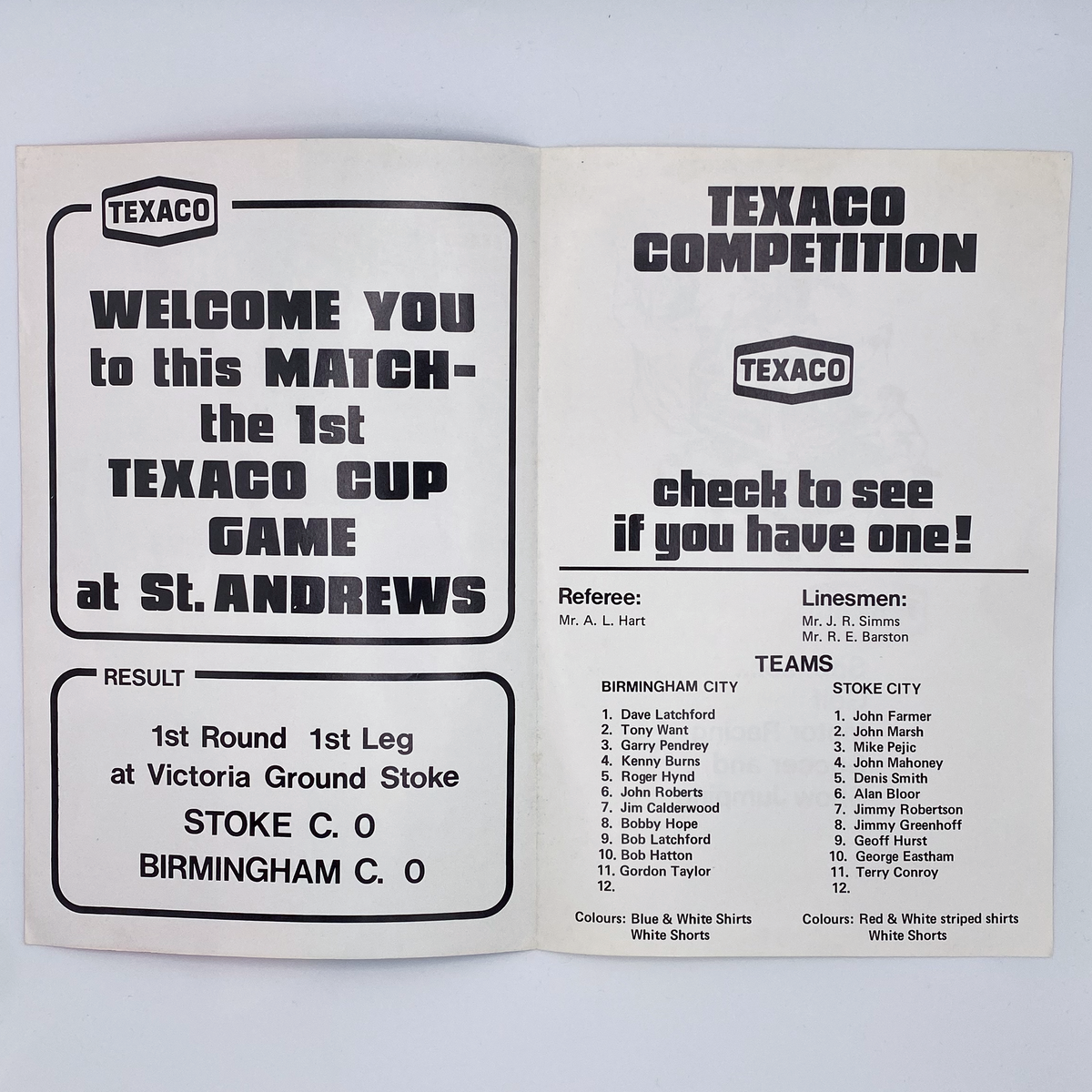 Birmingham City vs Stoke City Programme (2 October 1973)