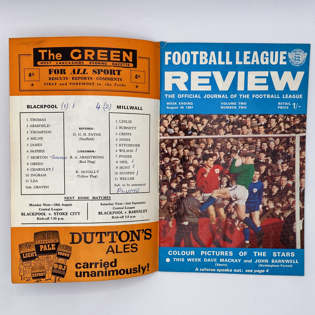 Blackpool vs Millwall Programme (26 August 1967)