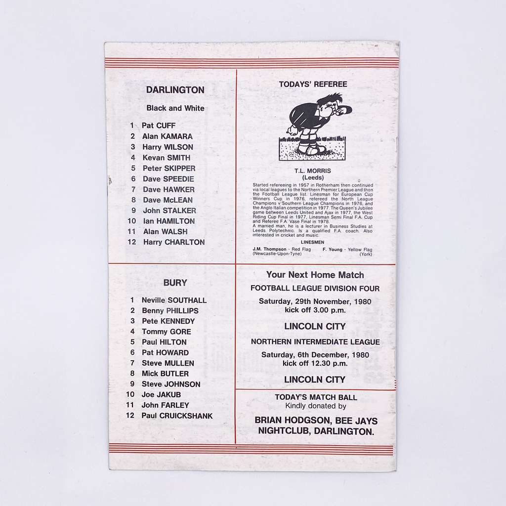 Darlington vs Bury Programme (22 November 1980)