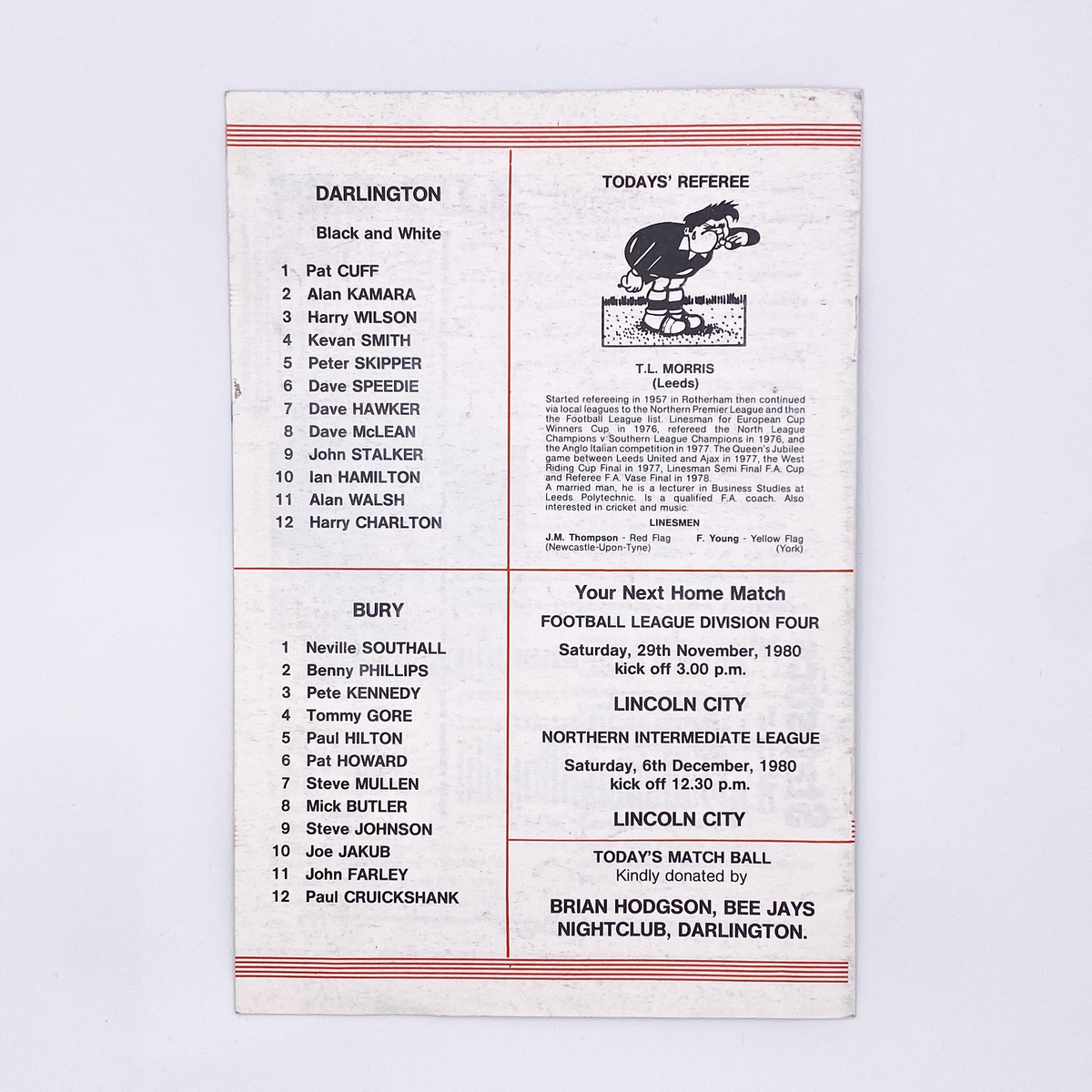 Darlington vs Bury Programme (22 November 1980)