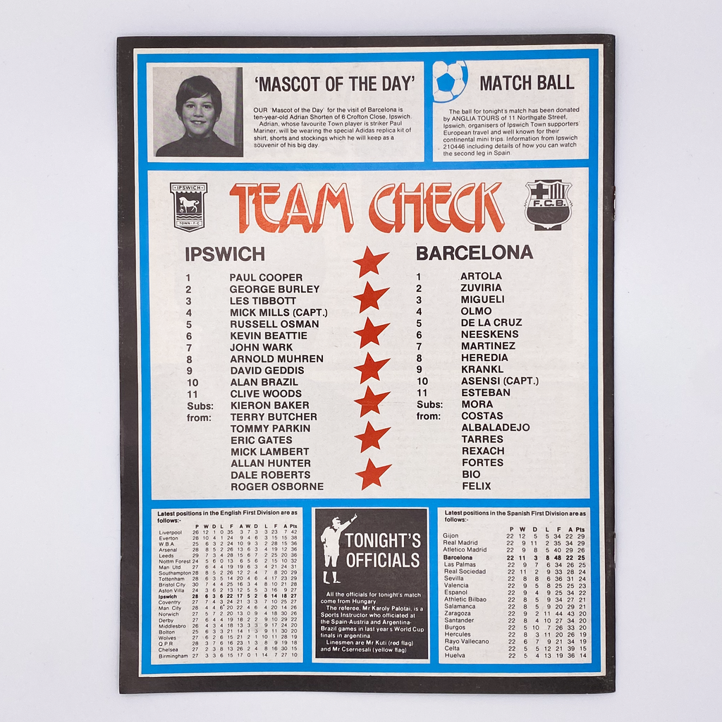 Ipswich Town vs FC Barcelona Programme (7 March 1979)