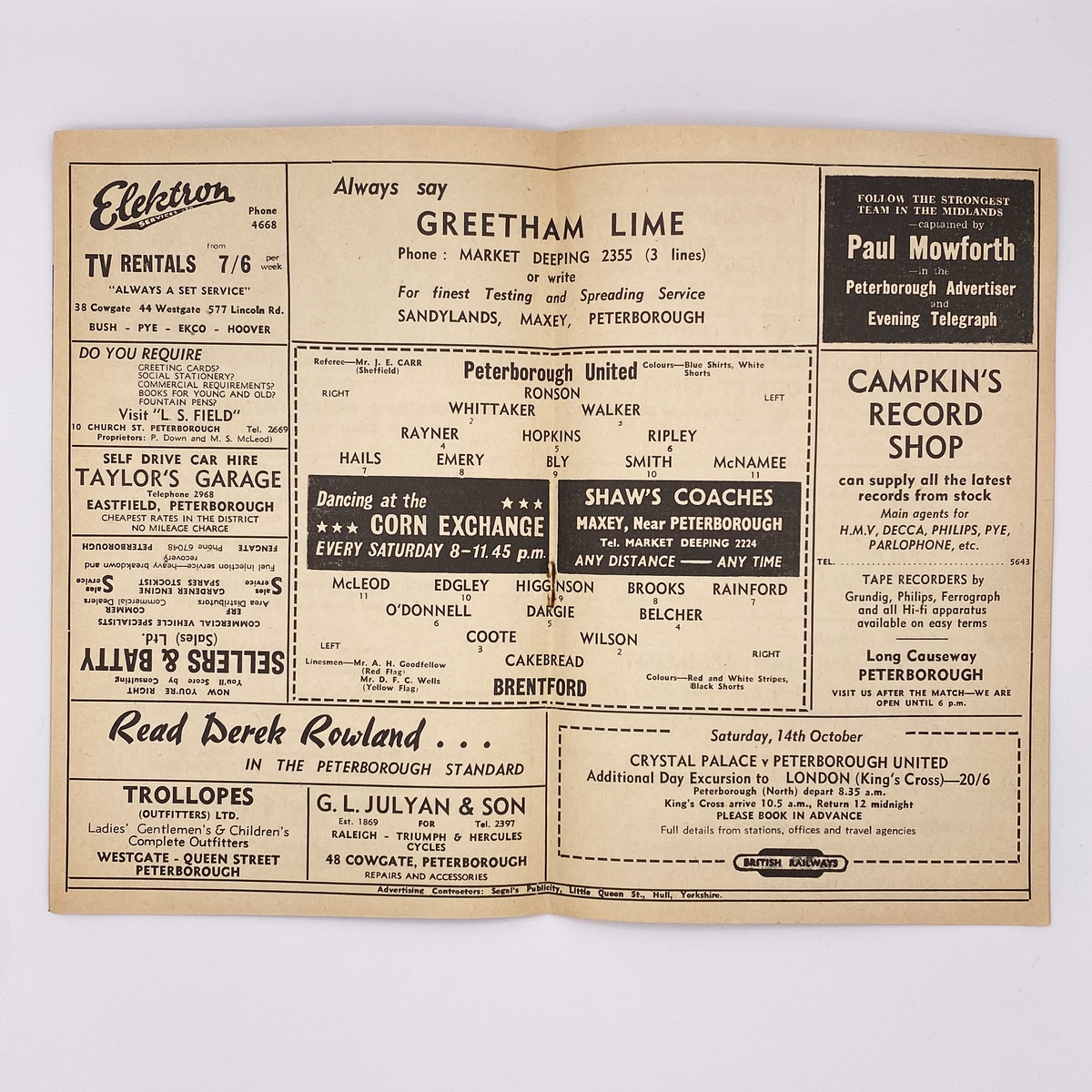 Peterborough United vs Brentford Programme (Saturday 30 September 1961)