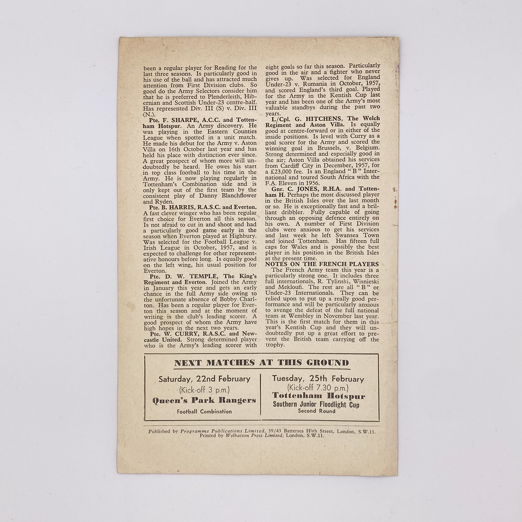 British Army vs French Army Programme (Wednesday 19 February 1958)