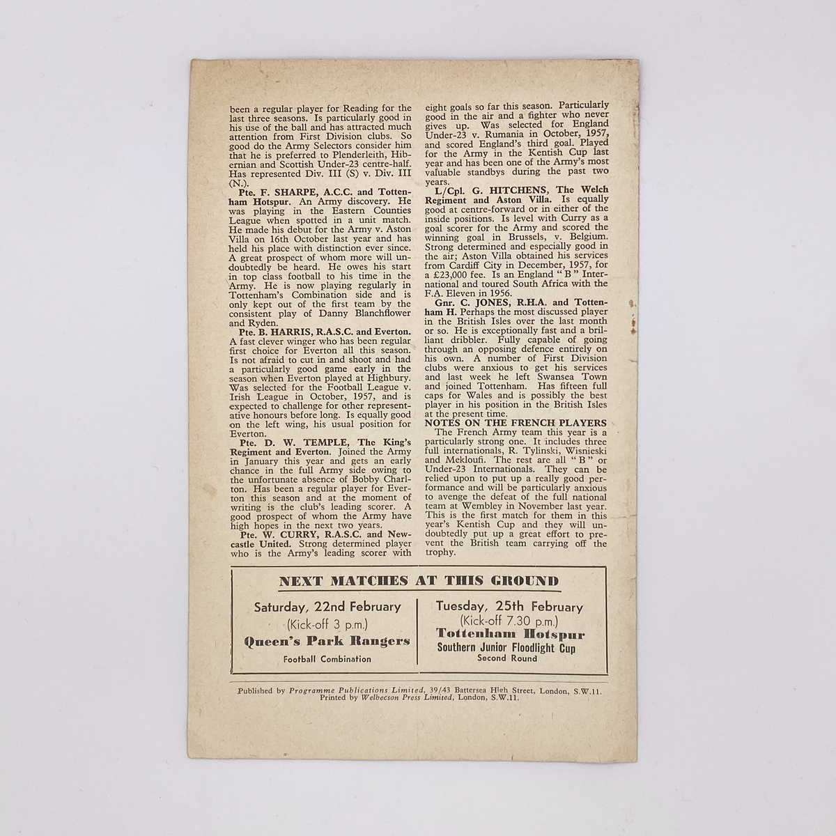 British Army vs French Army Programme (Wednesday 19 February 1958)