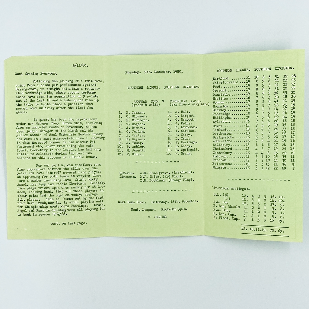 Ashford Town vs Tonbridge AFC Programme (9 December 1980)