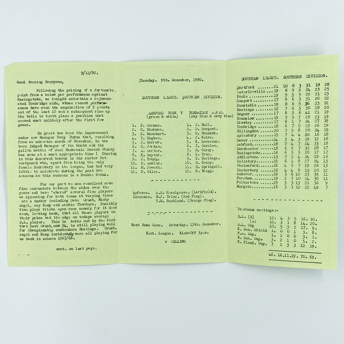 Ashford Town vs Tonbridge AFC Programme (9 December 1980)