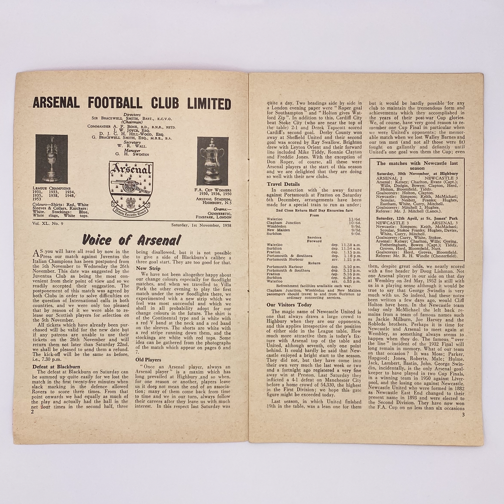 Arsenal vs Newcastle United Programme (1 November 1958)