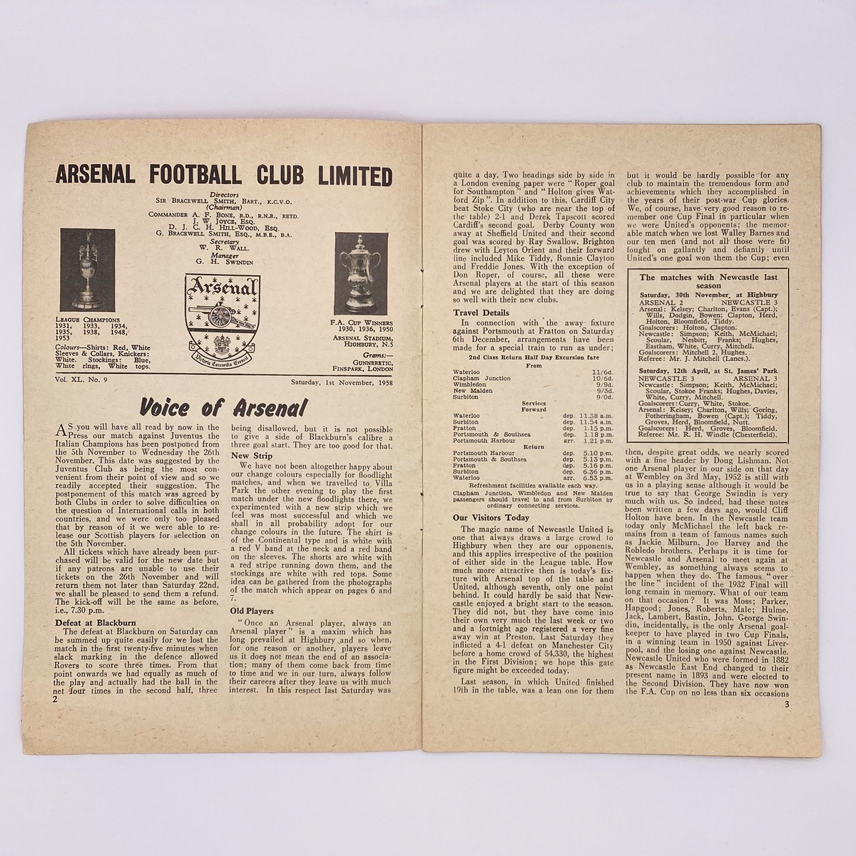 Arsenal vs Newcastle United Programme (1 November 1958)
