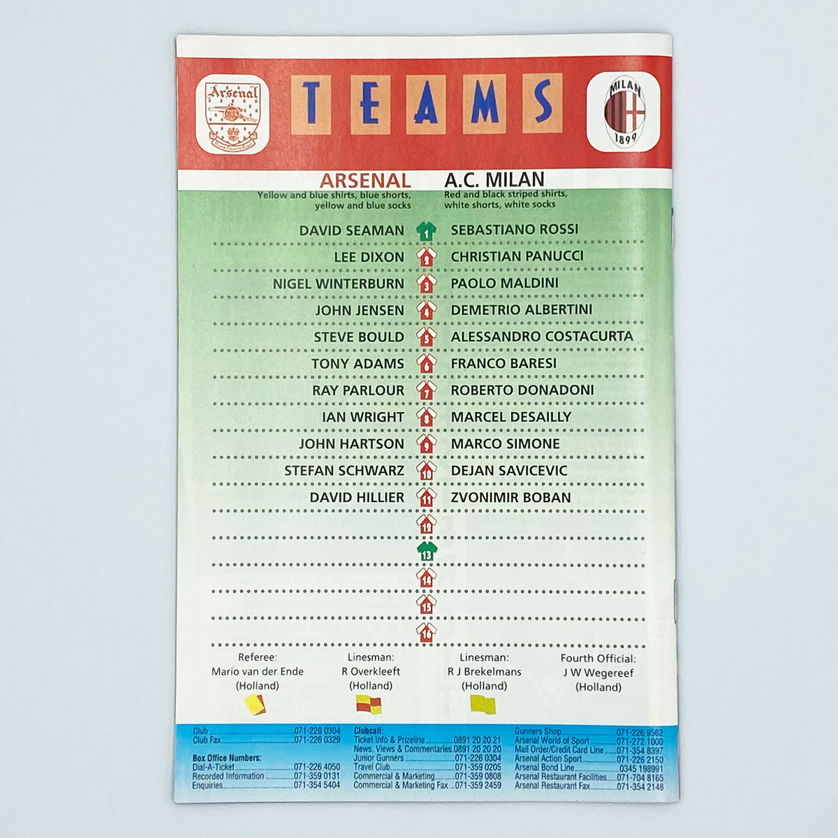 Arsenal vs AC Milan European Super Cup 1st Leg Programme (1 February 1995)