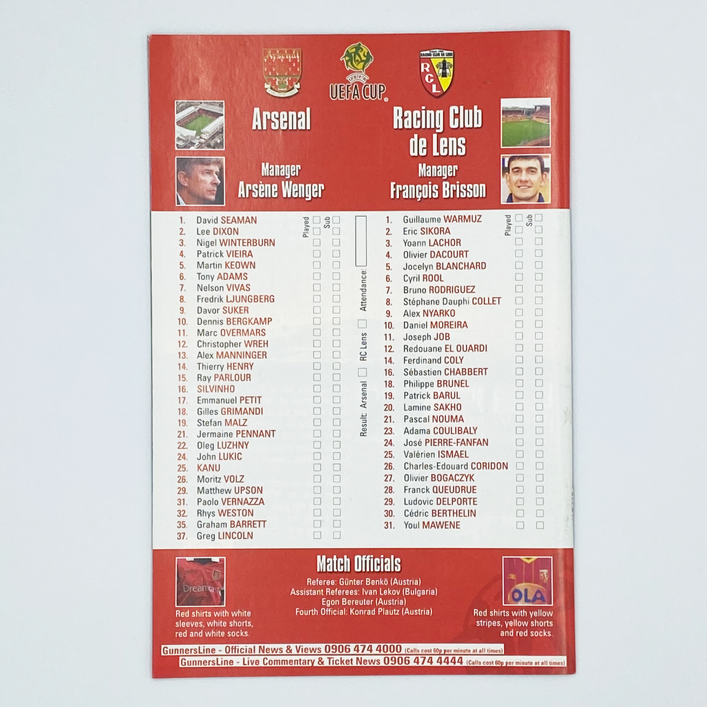 Arsenal vs RC Lens UEFA Cup Semi-Final 1st Leg Programme (6 April 2000)