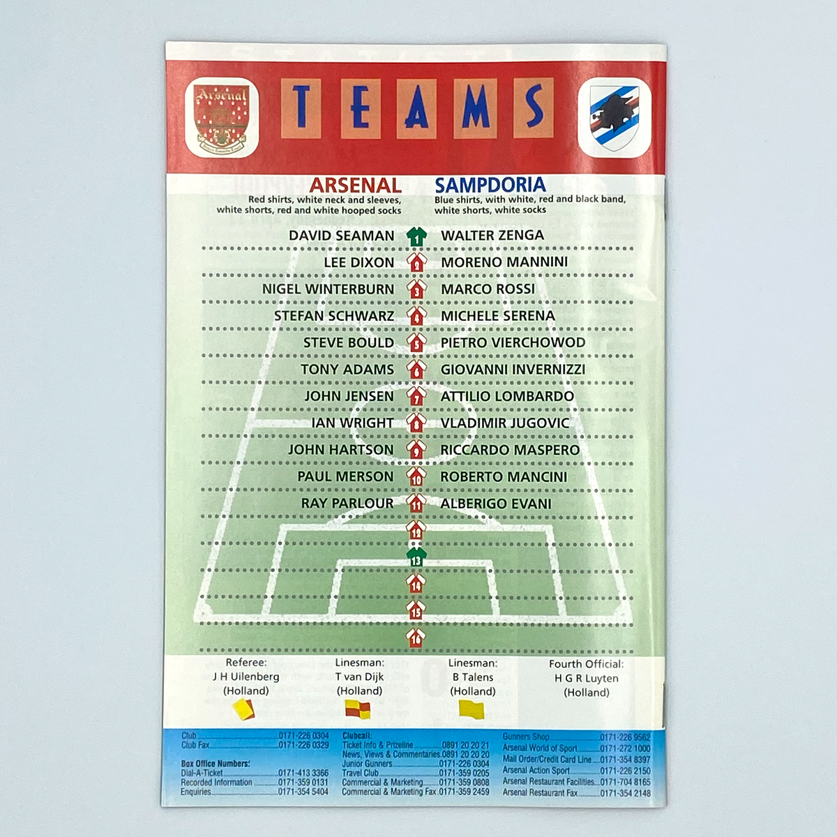 Arsenal vs Sampdoria UEFA Cup Winners' Cup Semi-Final 1st Leg Programme (6 April 1995)