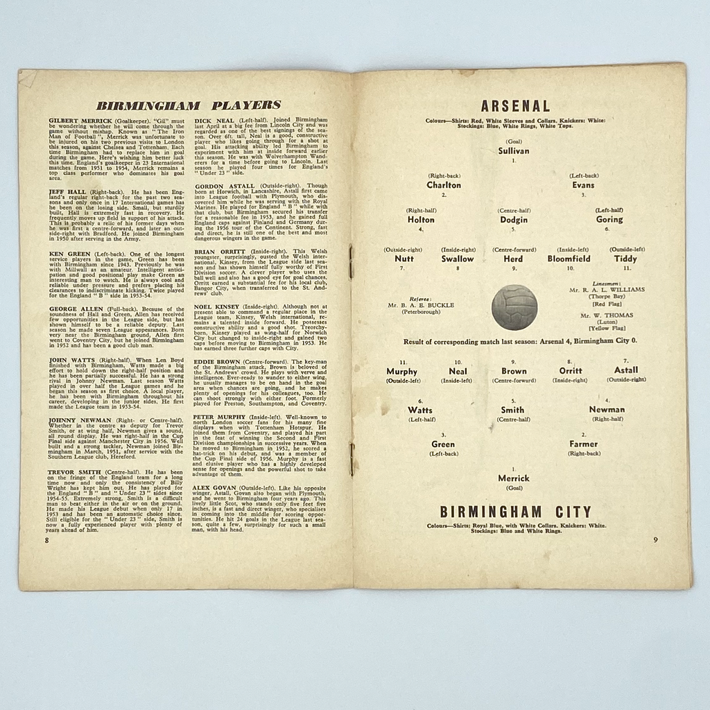 Arsenal vs Birmingham City Programme (19 October 1957)