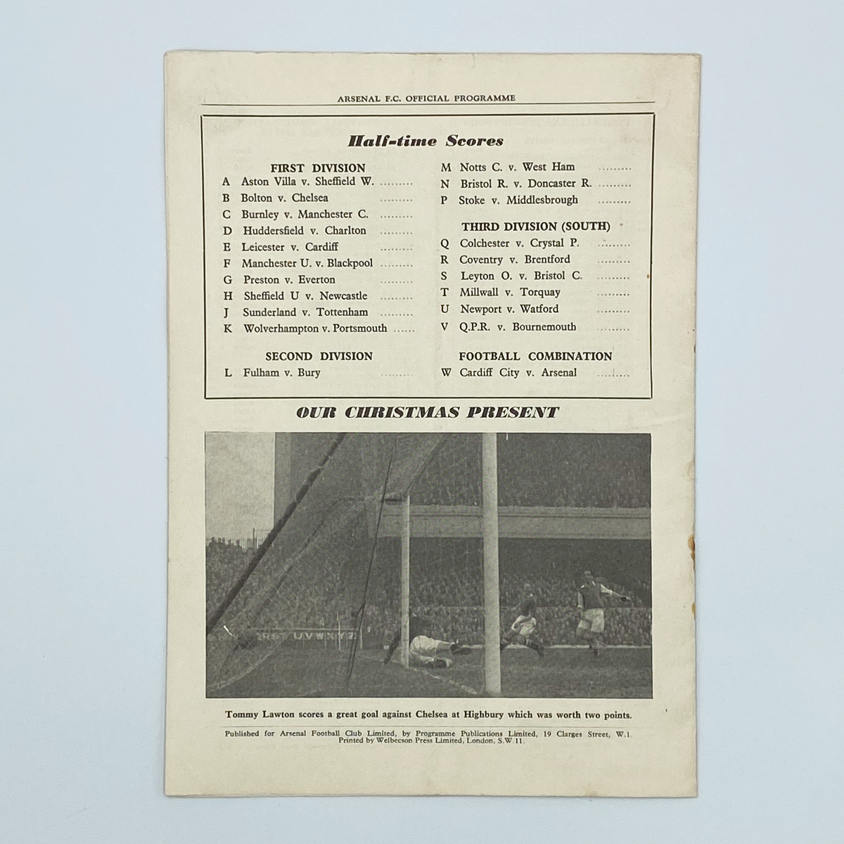 Arsenal vs West Bromwich Albion Programme (1 January 1955)