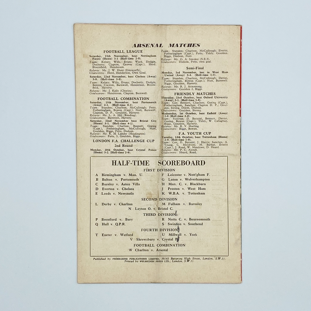 Arsenal vs Blackpool Programme (29 November 1958)