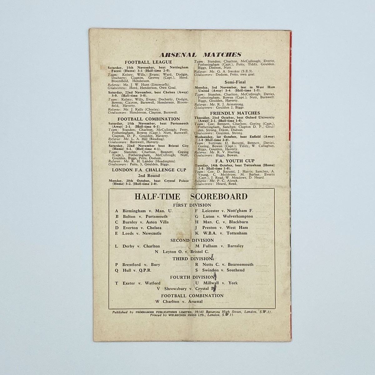 Arsenal vs Blackpool Programme (29 November 1958)