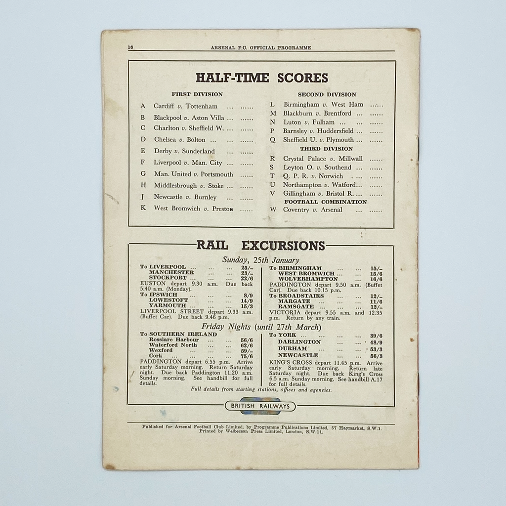 Arsenal vs Wolverhampton Wanderers Programme (17 January 1953)