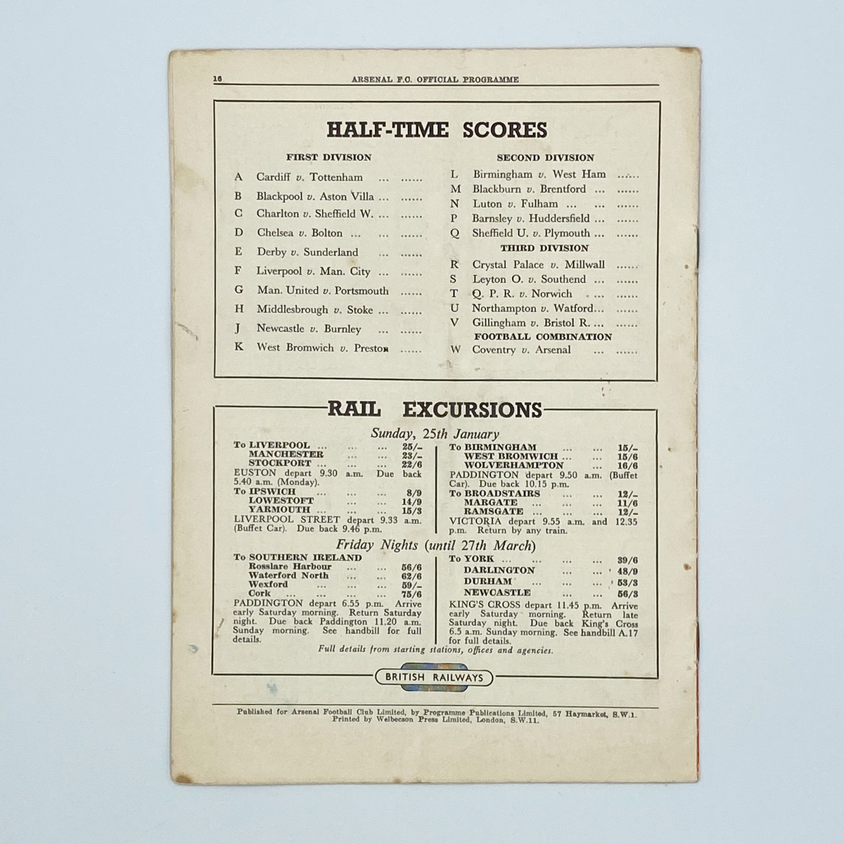 Arsenal vs Wolverhampton Wanderers Programme (17 January 1953)