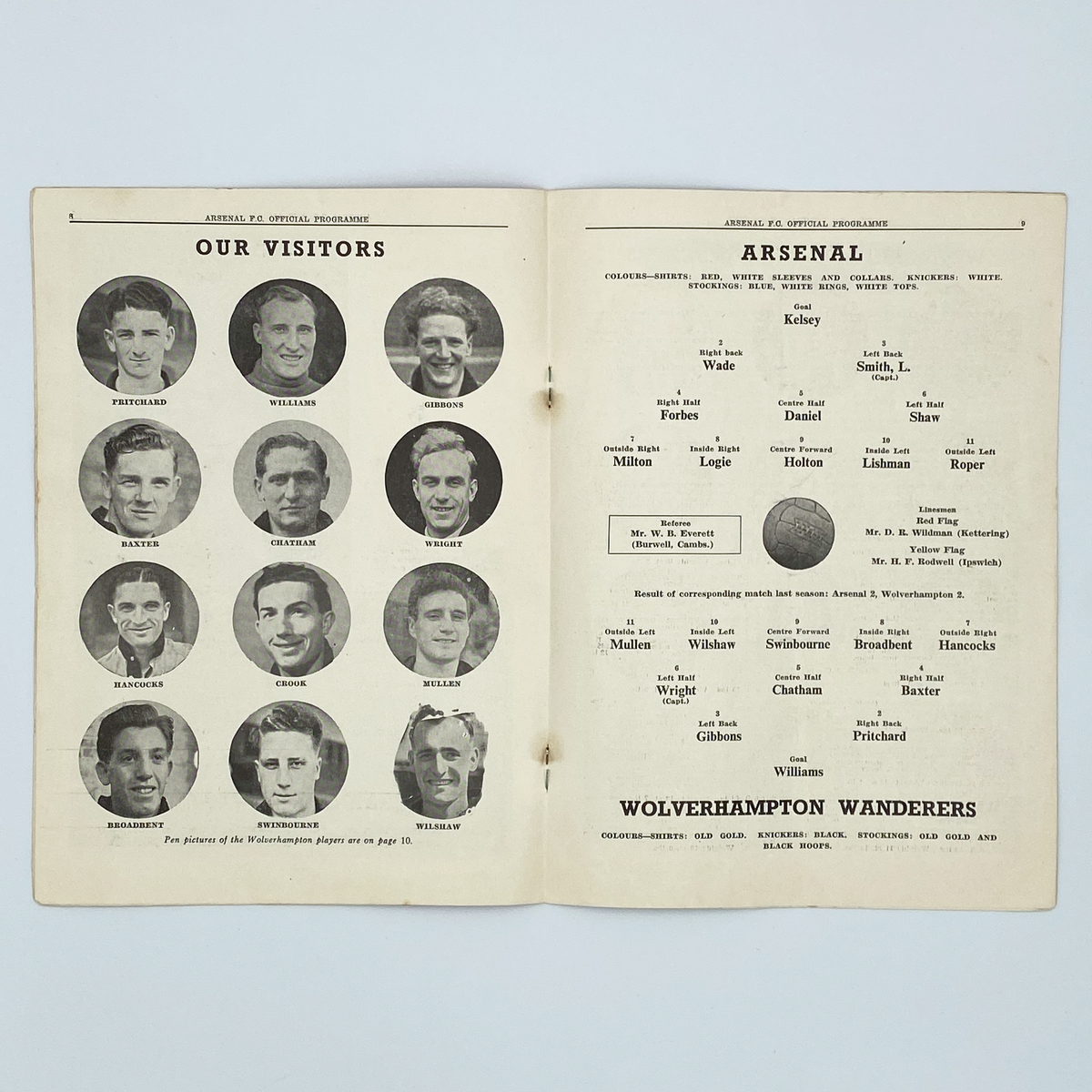 Arsenal vs Wolverhampton Wanderers Programme (17 January 1953)
