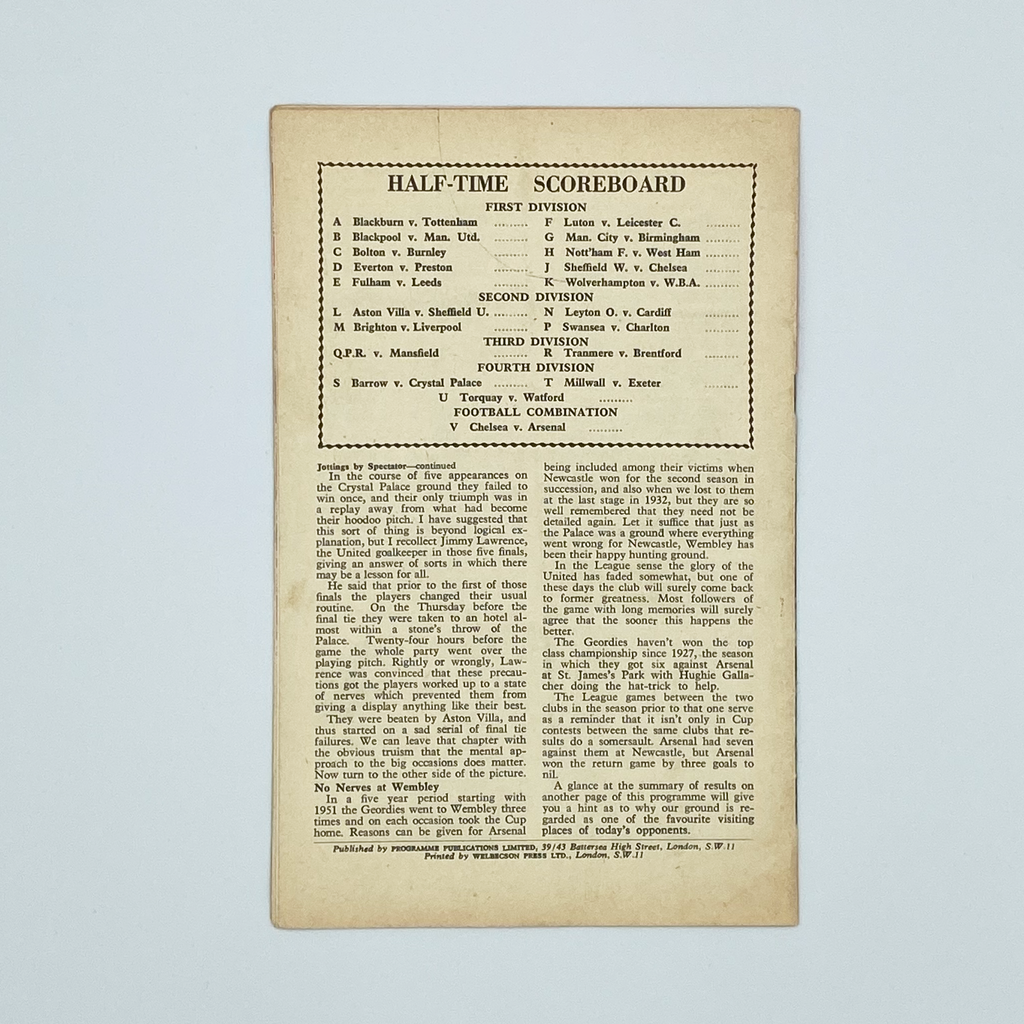 Arsenal vs Newcastle United Programme (27 February 1960)