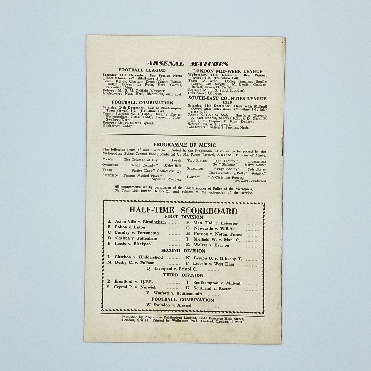Arsenal vs Sunderland Programme (21 December 1957)