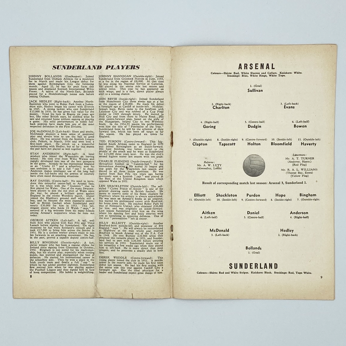 Arsenal vs Sunderland Programme (1 December 1956)