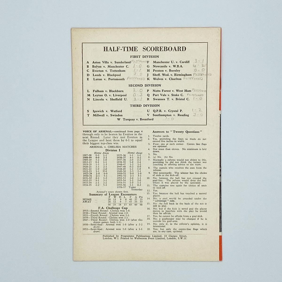 Arsenal vs Chelsea Programme (26 December 1956)