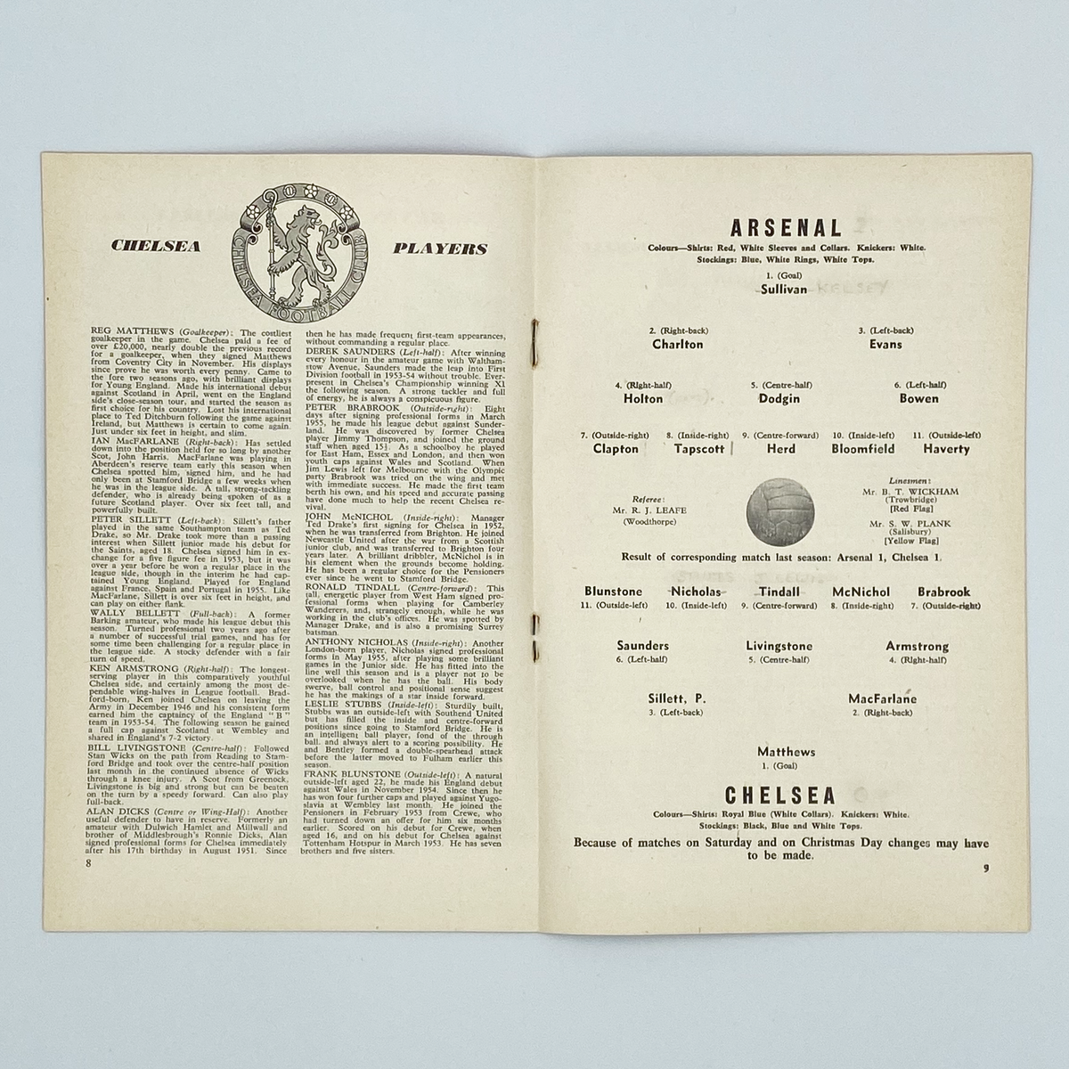 Arsenal vs Chelsea Programme (26 December 1956)