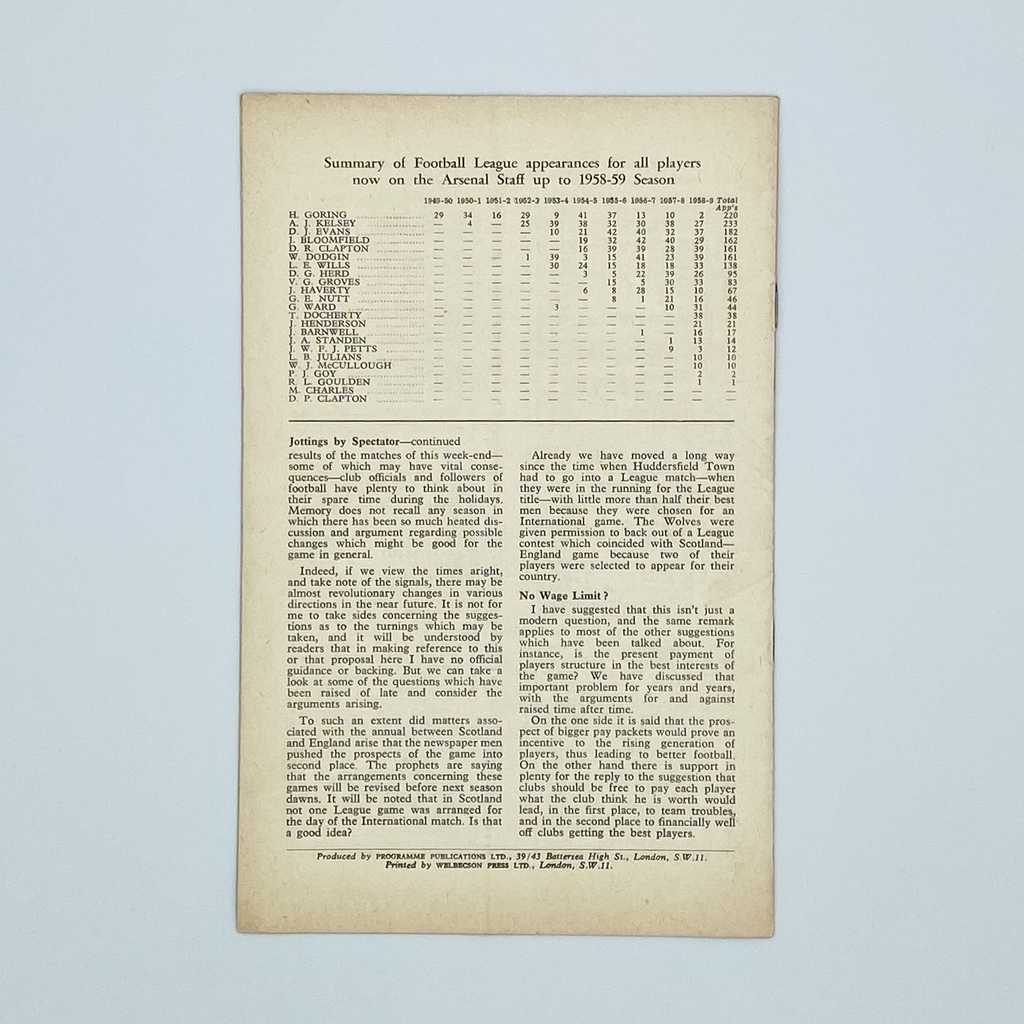 Arsenal vs Fulham Programme (15 April 1960)