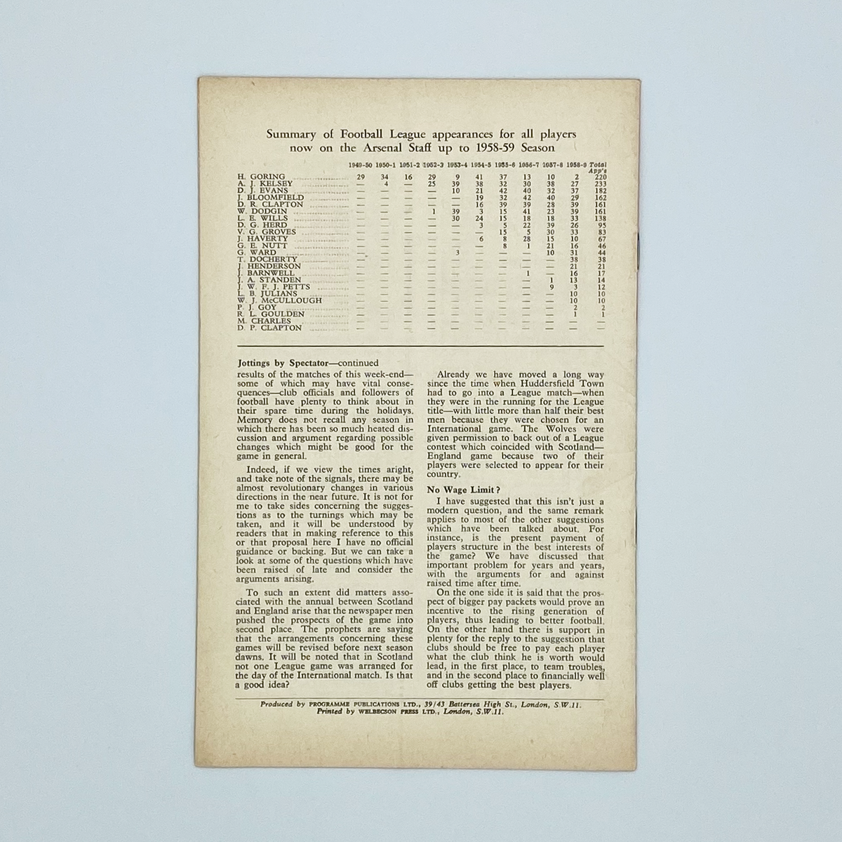 Arsenal vs Fulham Programme (15 April 1960)