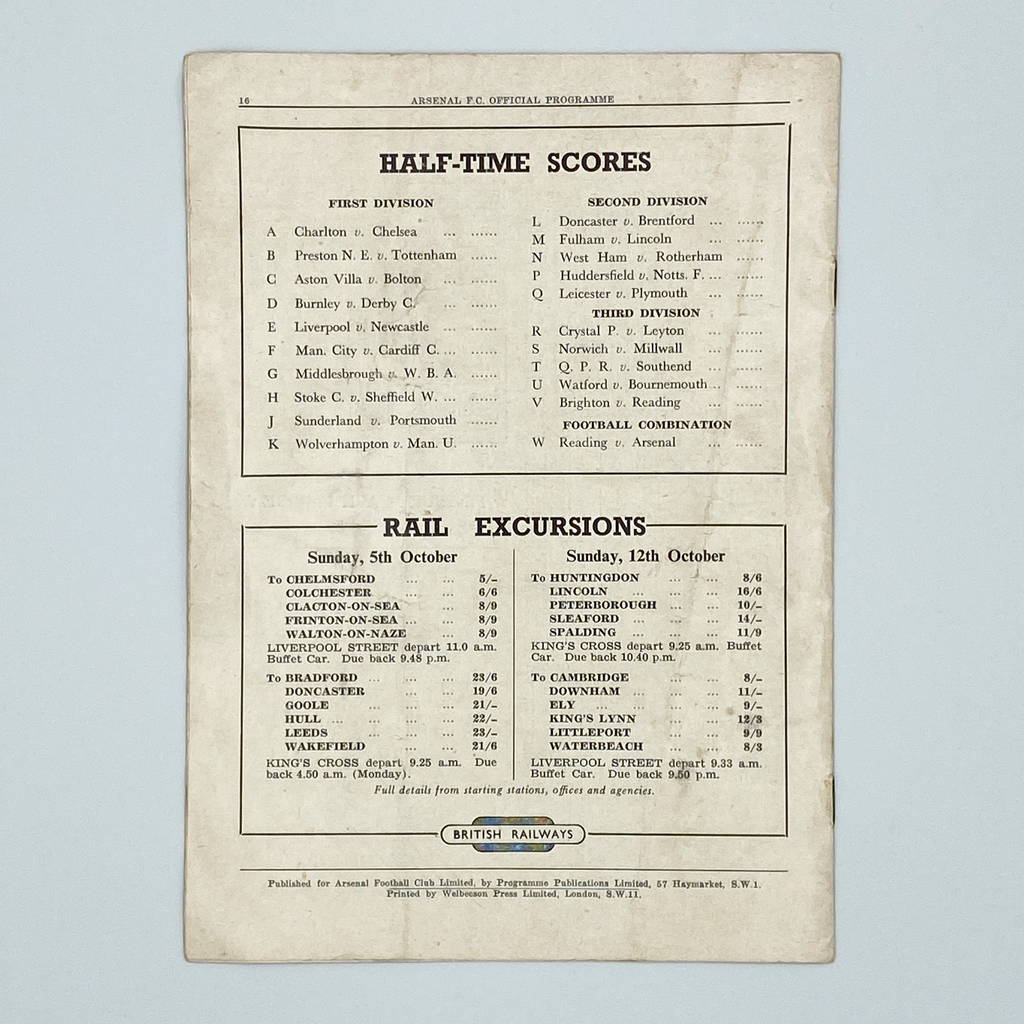 Arsenal vs Blackpool Programme (4 October 1952)