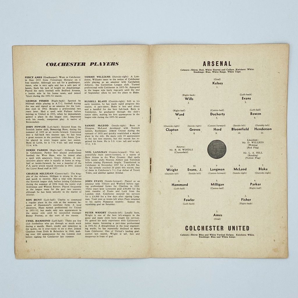 Arsenal vs Colchester United Programme (28 January 1958)