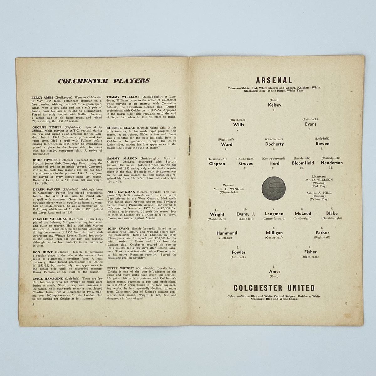 Arsenal vs Colchester United Programme (28 January 1958)