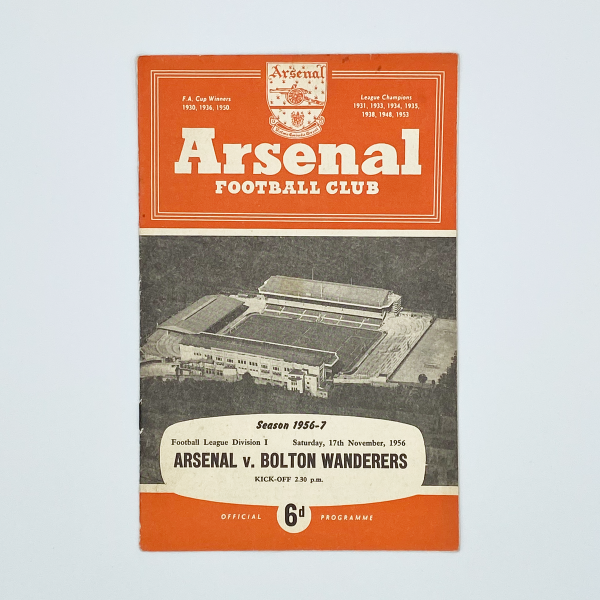 Arsenal vs Bolton Wanderers Programme (17 November 1956)