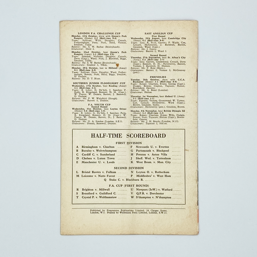 Arsenal vs Bolton Wanderers Programme (17 November 1956)