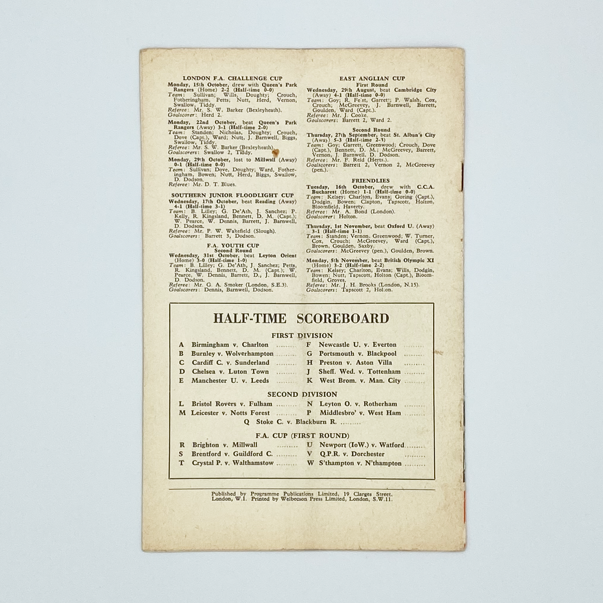 Arsenal vs Bolton Wanderers Programme (17 November 1956)