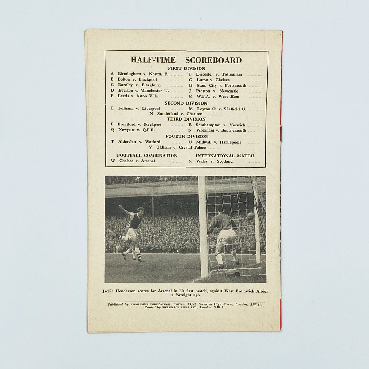 Arsenal vs Wolverhampton Wanderers Programme (18 October 1958)