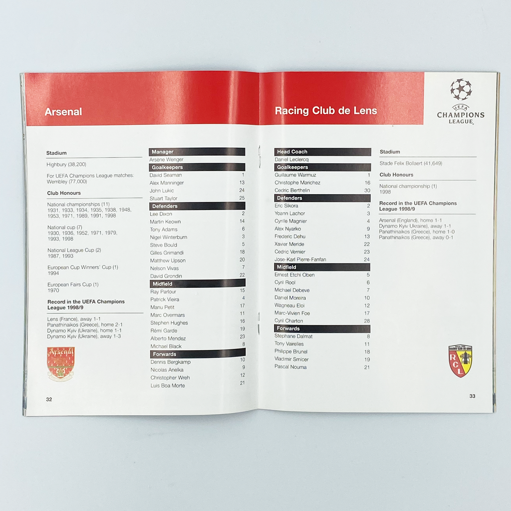 Arsenal vs RC Lens Programme (25 November 1998)
