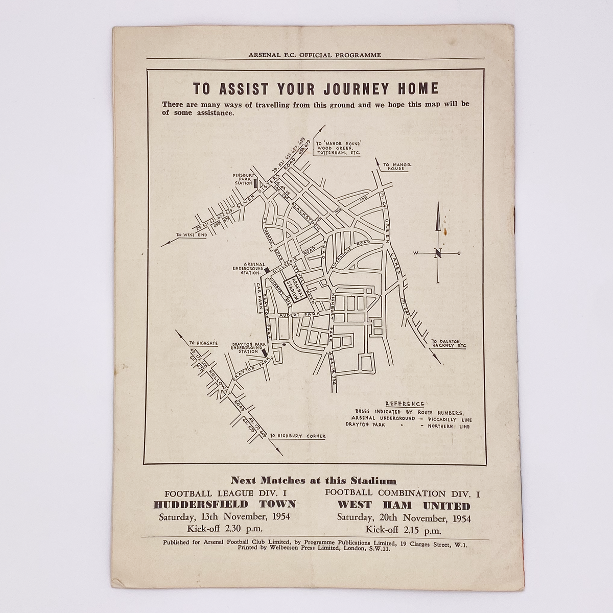Arsenal vs Spartak Moscow Programme (9 November 1954)