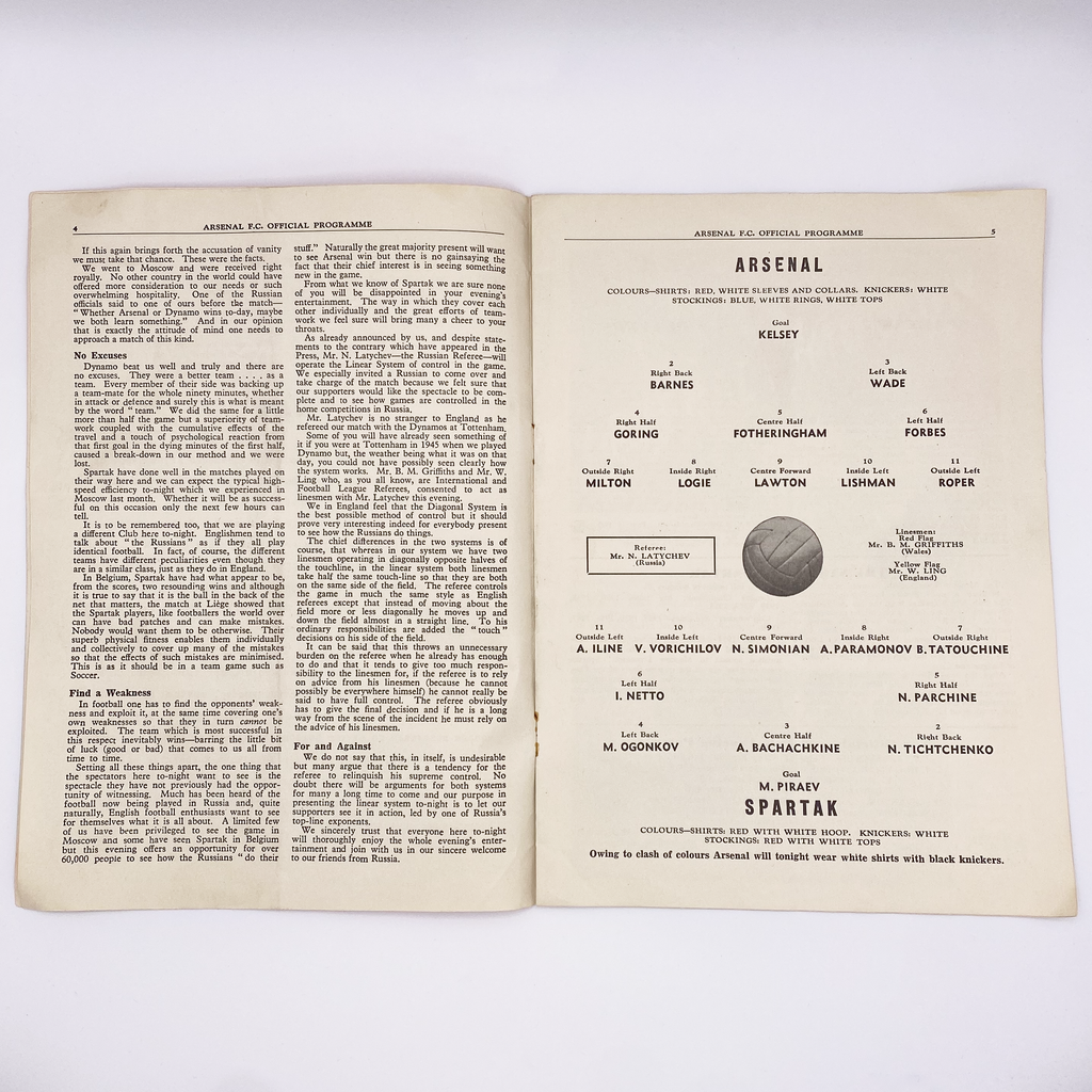 Arsenal vs Spartak Moscow Programme (9 November 1954)