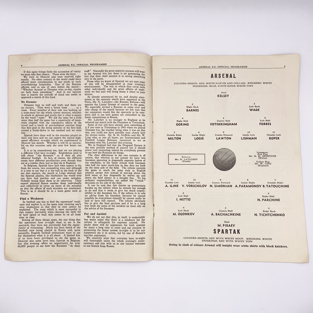Arsenal vs Spartak Moscow Programme (9 November 1954)