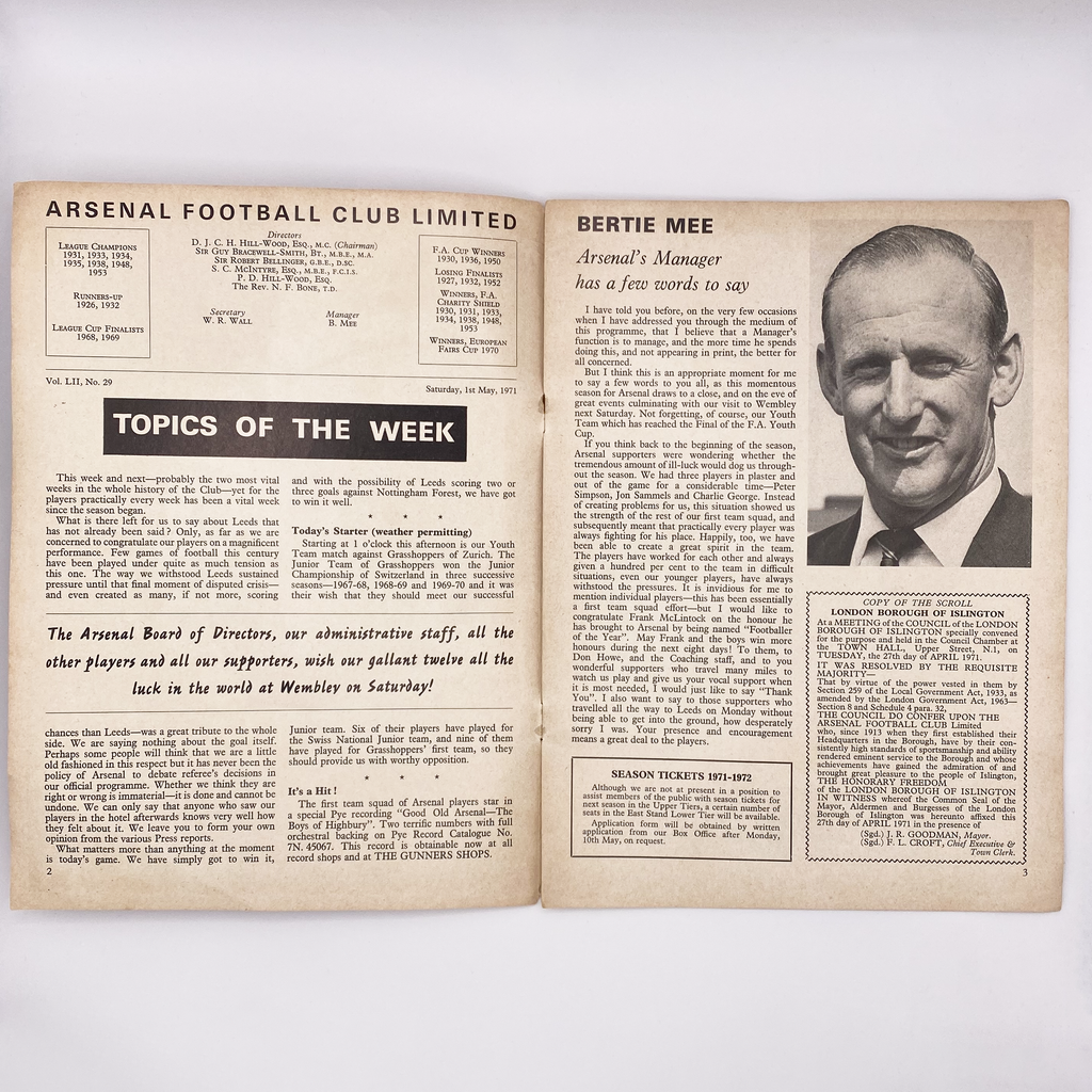 Arsenal vs Stoke City Programme (1 May 1971)