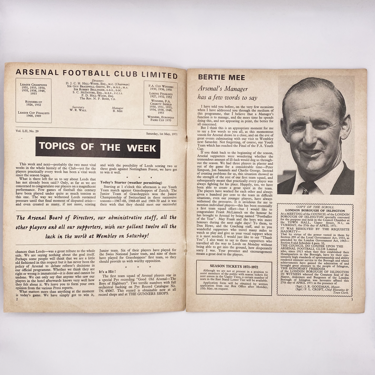 Arsenal vs Stoke City Programme (1 May 1971)