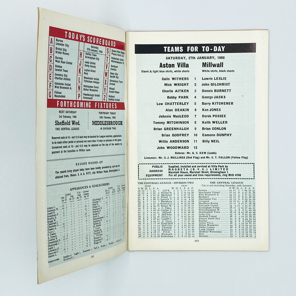 Aston Villa vs Millwall Programme (27 January 1968)