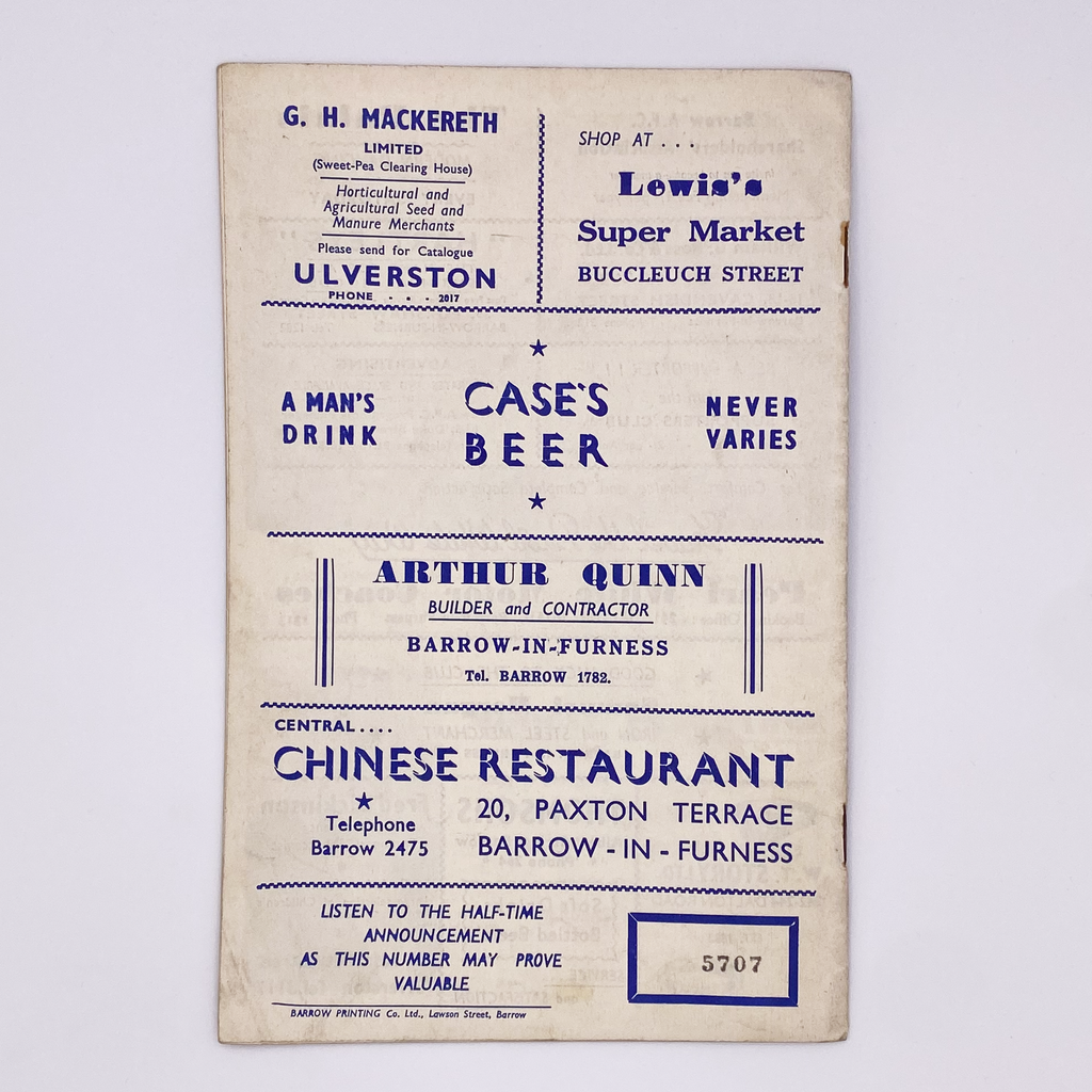 Barrow AFC vs Wolverhampton Wanderers Programme (10 January 1959)