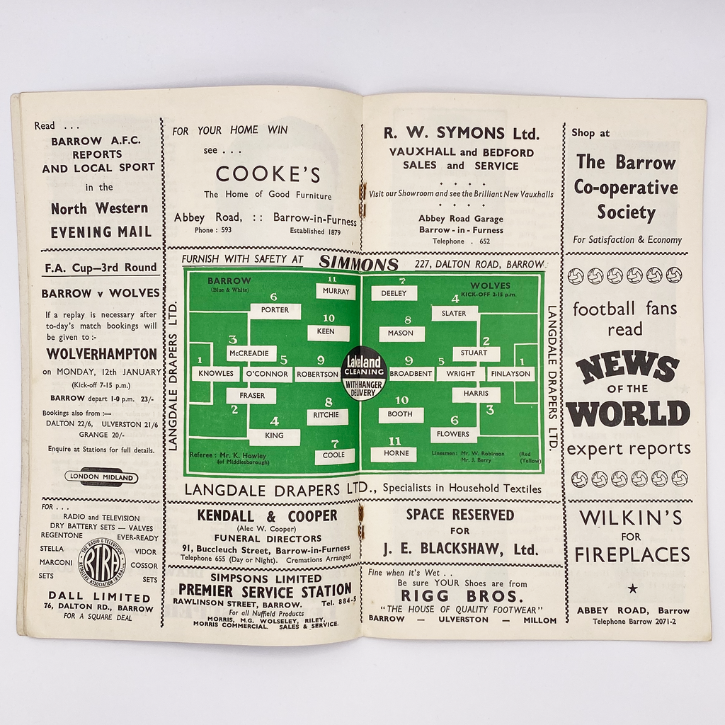 Barrow AFC vs Wolverhampton Wanderers Programme (10 January 1959)