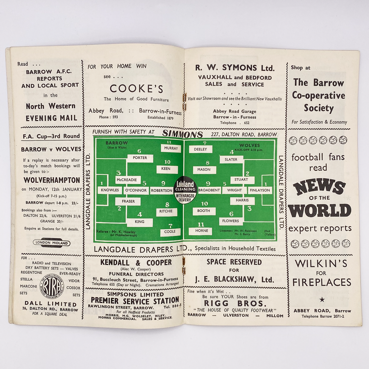 Barrow AFC vs Wolverhampton Wanderers Programme (10 January 1959)
